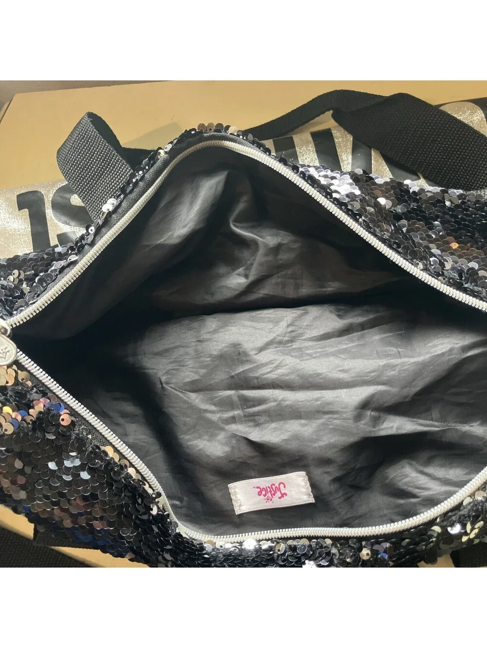 Justice Gymnasts Duffle Bag Silver W/ Black & Silver Sequins Adjustable Strap
